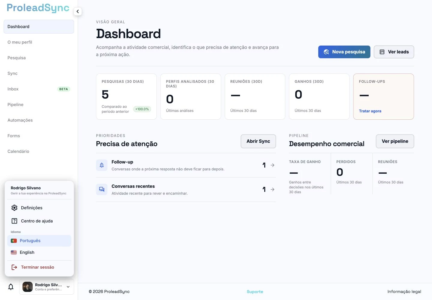 Dashboard da ProleadSync no computador com o menu da conta aberto e a opção Centro de ajuda por baixo de Definições.