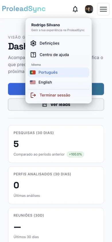 Dashboard da ProleadSync num telemóvel com o menu da conta aberto e a opção Centro de ajuda visível.