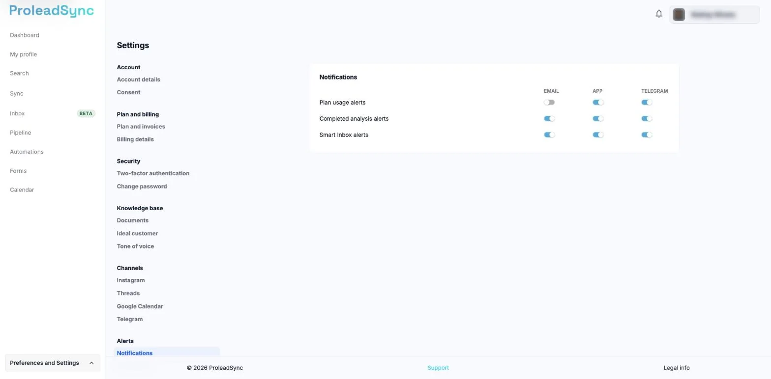 Settings on Alerts, with Notifications and the Email, App and Telegram switches for each alert type.
