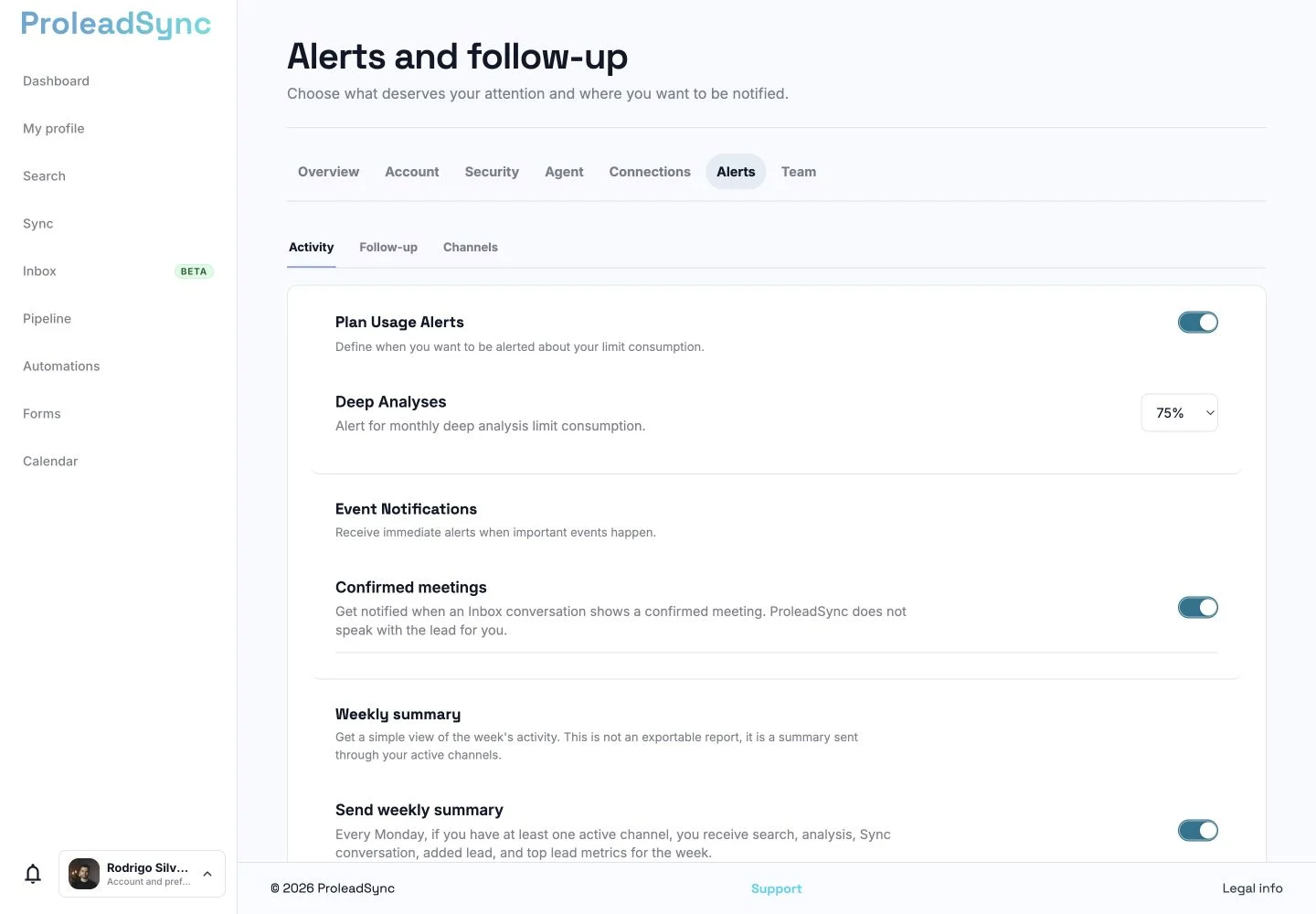 ProleadSync Alerts and follow-up page with activity options visible.