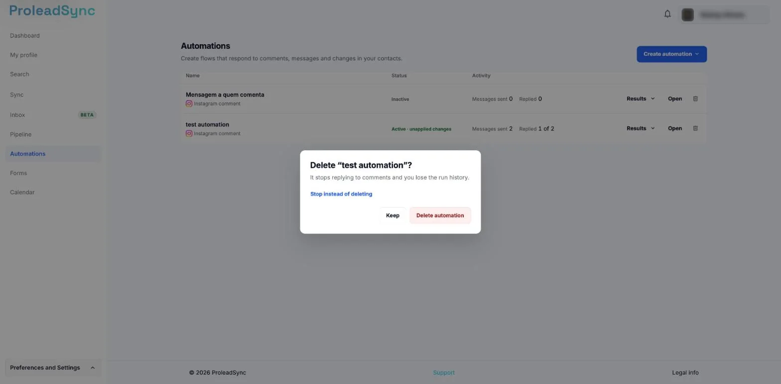 Delete confirmation for an active automation, with Stop instead of deleting and the Keep and Delete automation buttons.