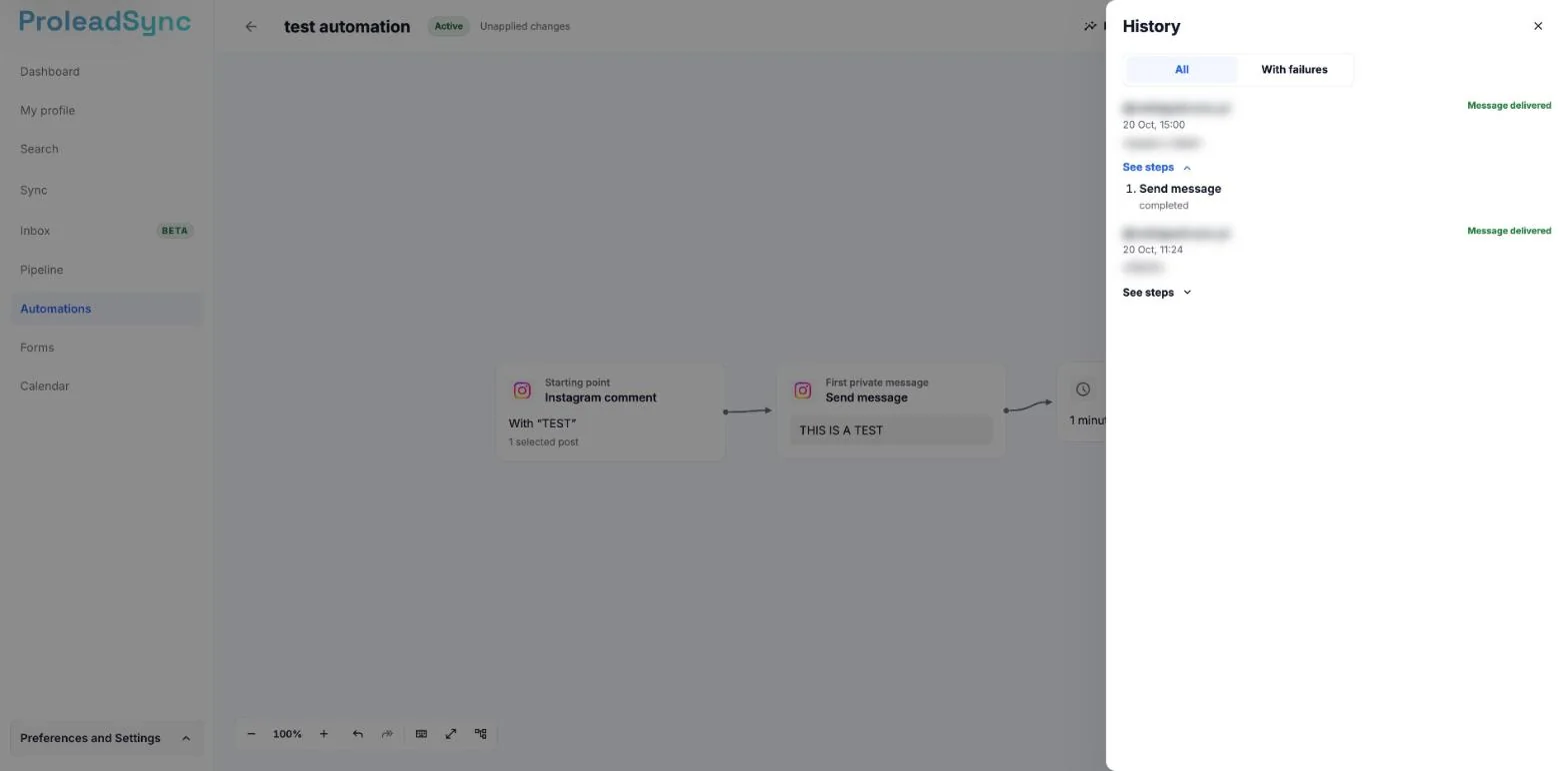 History panel in the editor, with the All and With failures filters, two runs with who started them and the comment blurred, and See steps open.