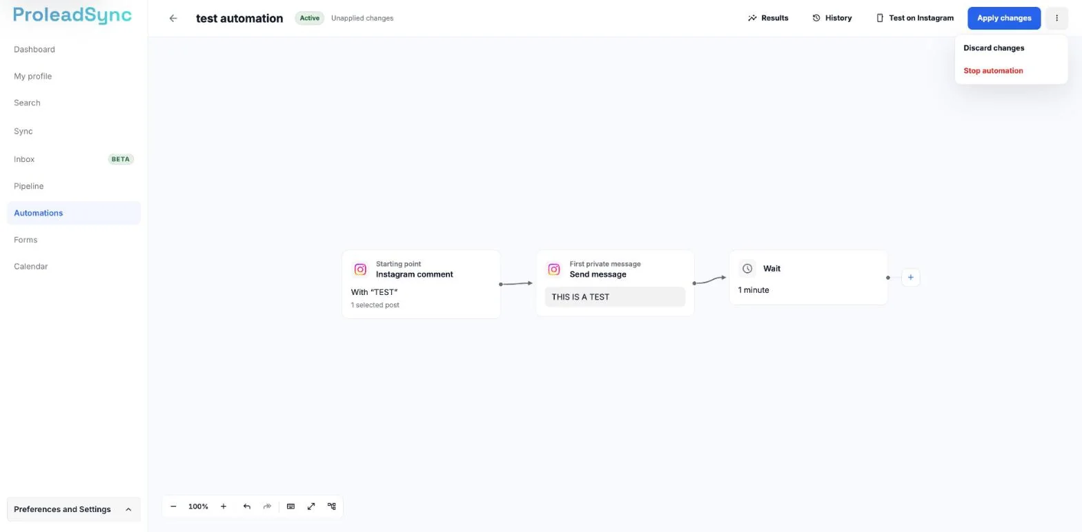 Editor of an active automation with Apply changes at the top and the More actions menu open with Discard changes and Stop automation.