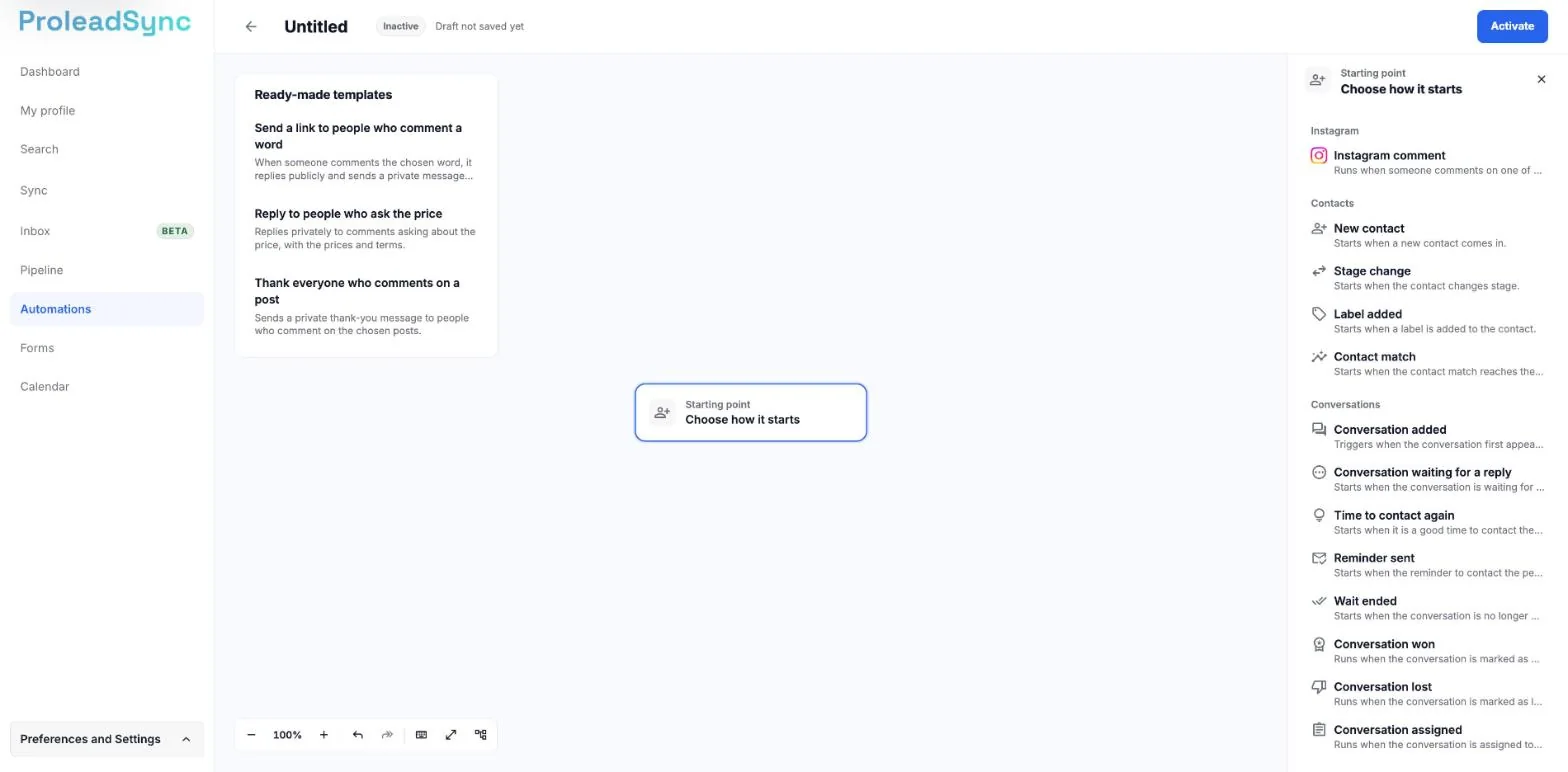 New automation editor with Untitled, Inactive and Draft not saved yet at the top, the Choose how it starts step and the list of starting points on the right.