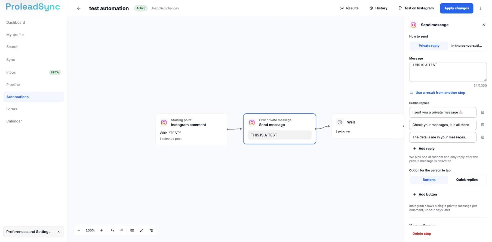 Send message step panel with Private reply chosen under How to send, the message, the public replies and Buttons and Quick replies under Option for the person to tap.