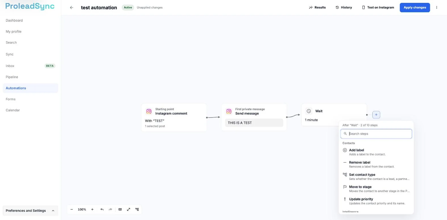 Step list opened from the + after the Wait step, with Search steps and the steps grouped, each with a description.