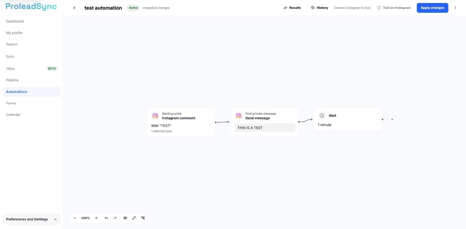 Top of the automation editor with Test on Instagram disabled and the note Connect Instagram to test.