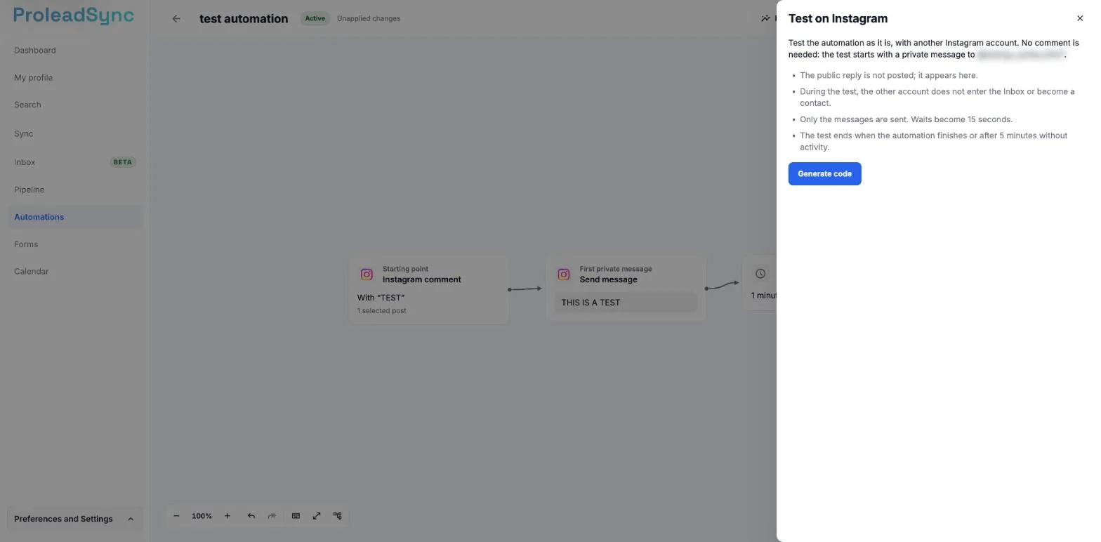 Test on Instagram panel with what the test does and does not do, the connected account blurred and the Generate code button.