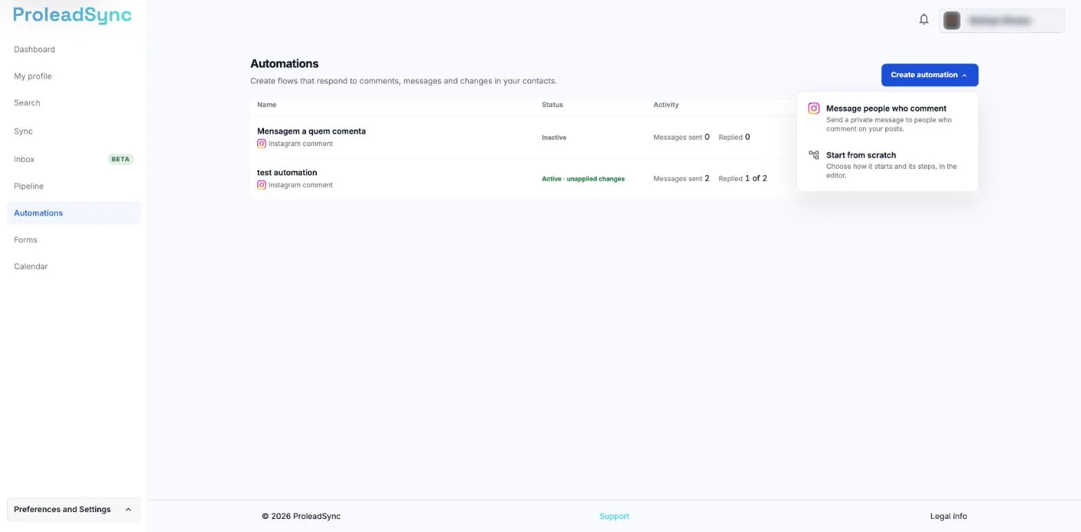 Automations page with the Create automation menu open and the Message people who comment and Start from scratch options.