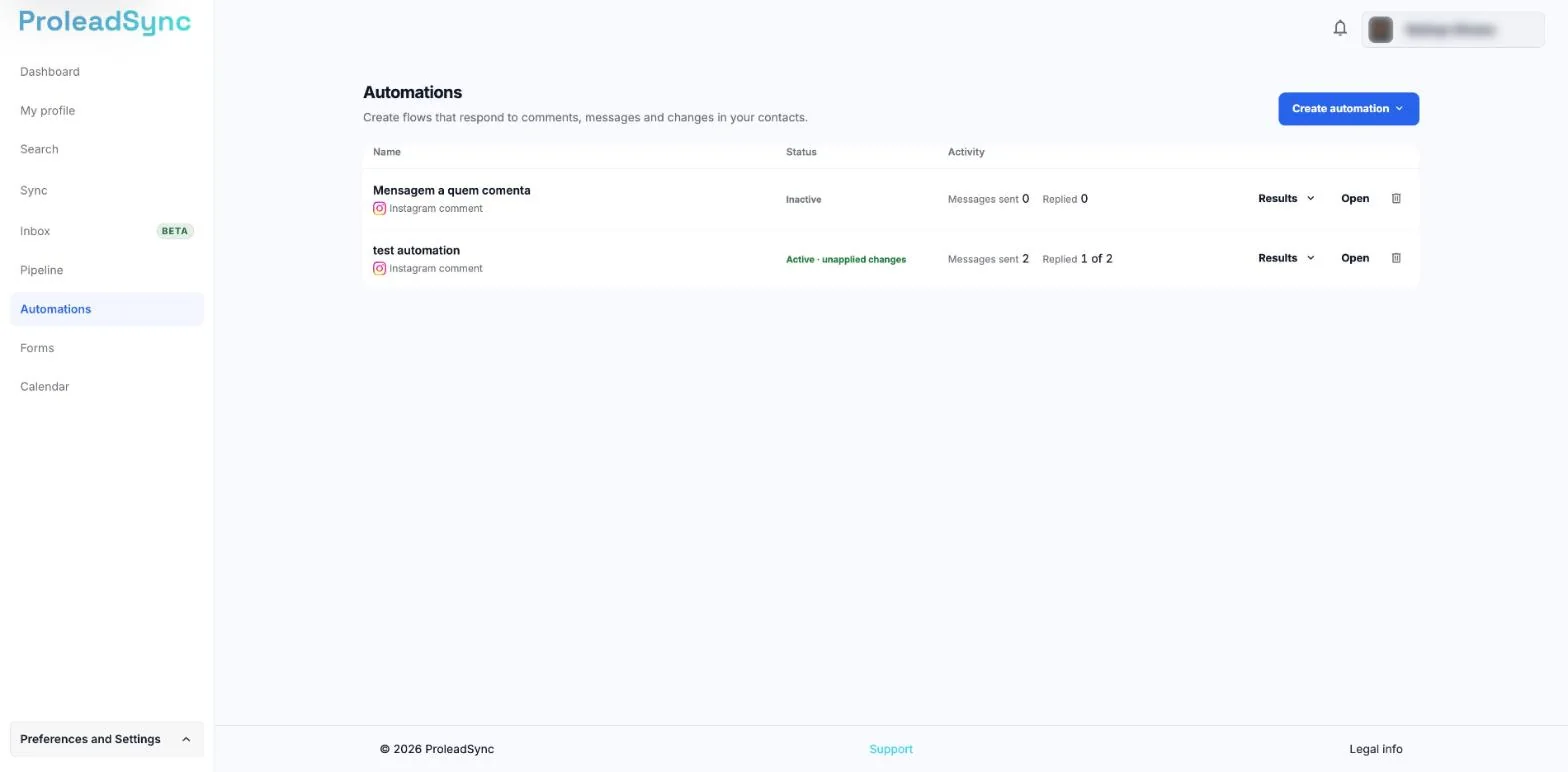 Automations page with two comment automations, the Name, Status and Activity columns and the Inactive and Active · unapplied changes statuses.