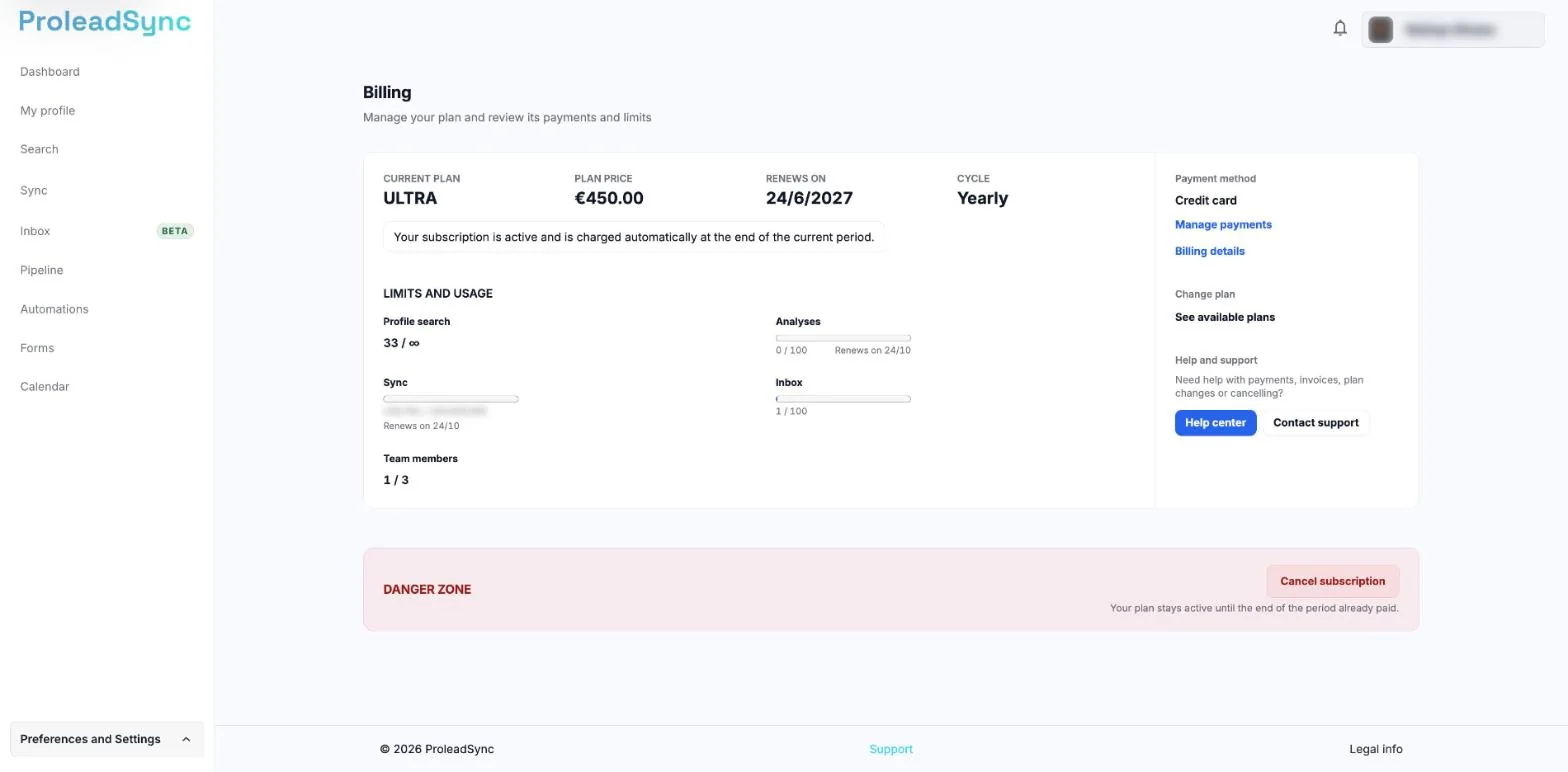 Billing page with Current plan, Limits and usage and Payment method, with the Sync value blurred.
