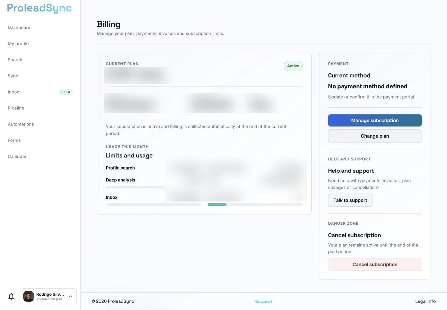 ProleadSync Billing page with sensitive values and usage blurred.