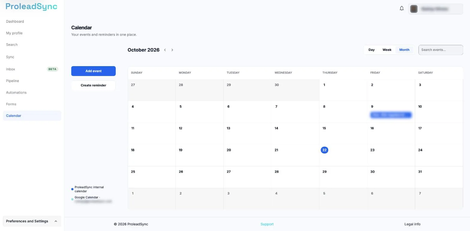 Calendar in Month view with the Add event and Create reminder buttons and the Google event and account blurred.