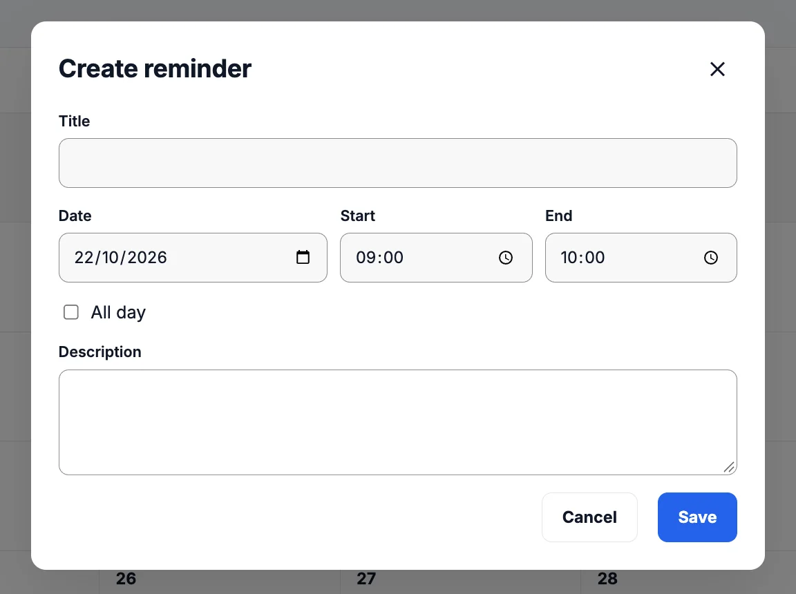 Create reminder window with the Title, Date, Start, End, All day and Description fields and the Cancel and Save buttons.