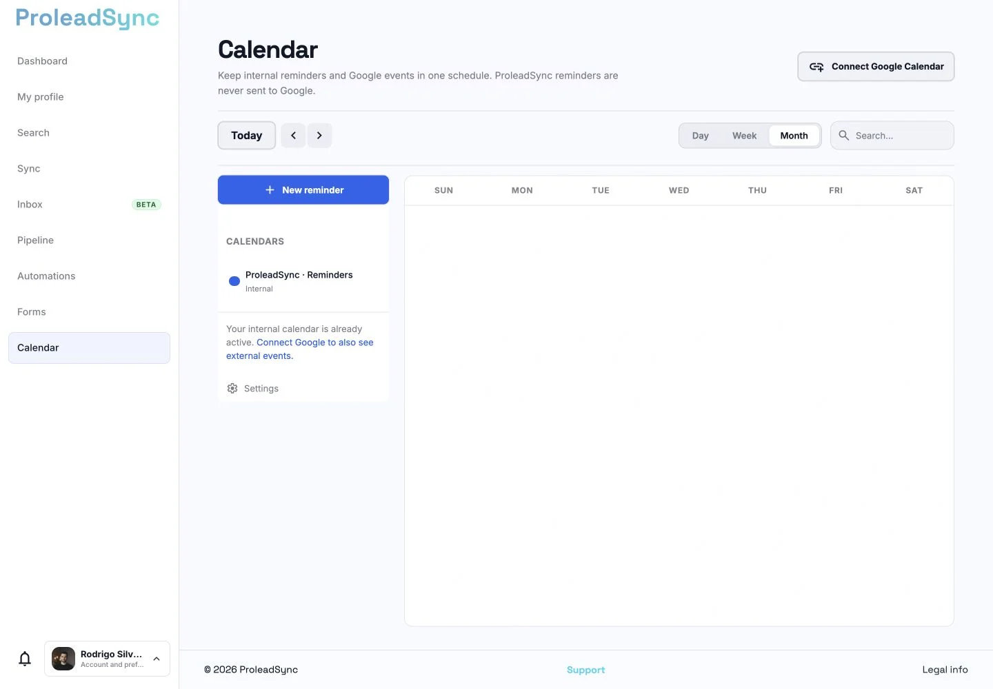ProleadSync Calendar in month view with the New reminder button.