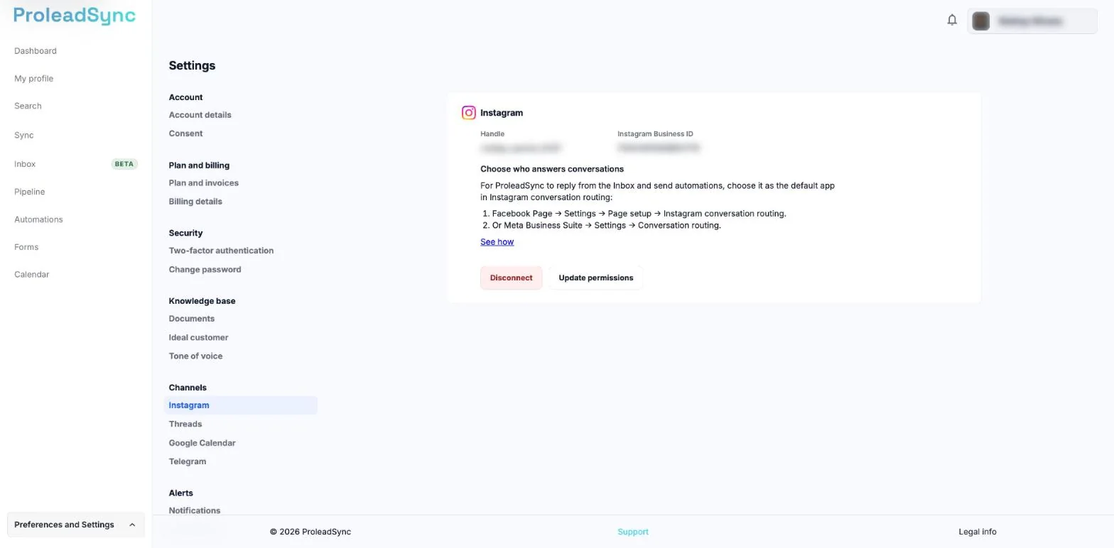 Settings with Channels and Instagram selected and the Instagram card with the handle and the ID blurred and the Disconnect and Update permissions buttons.