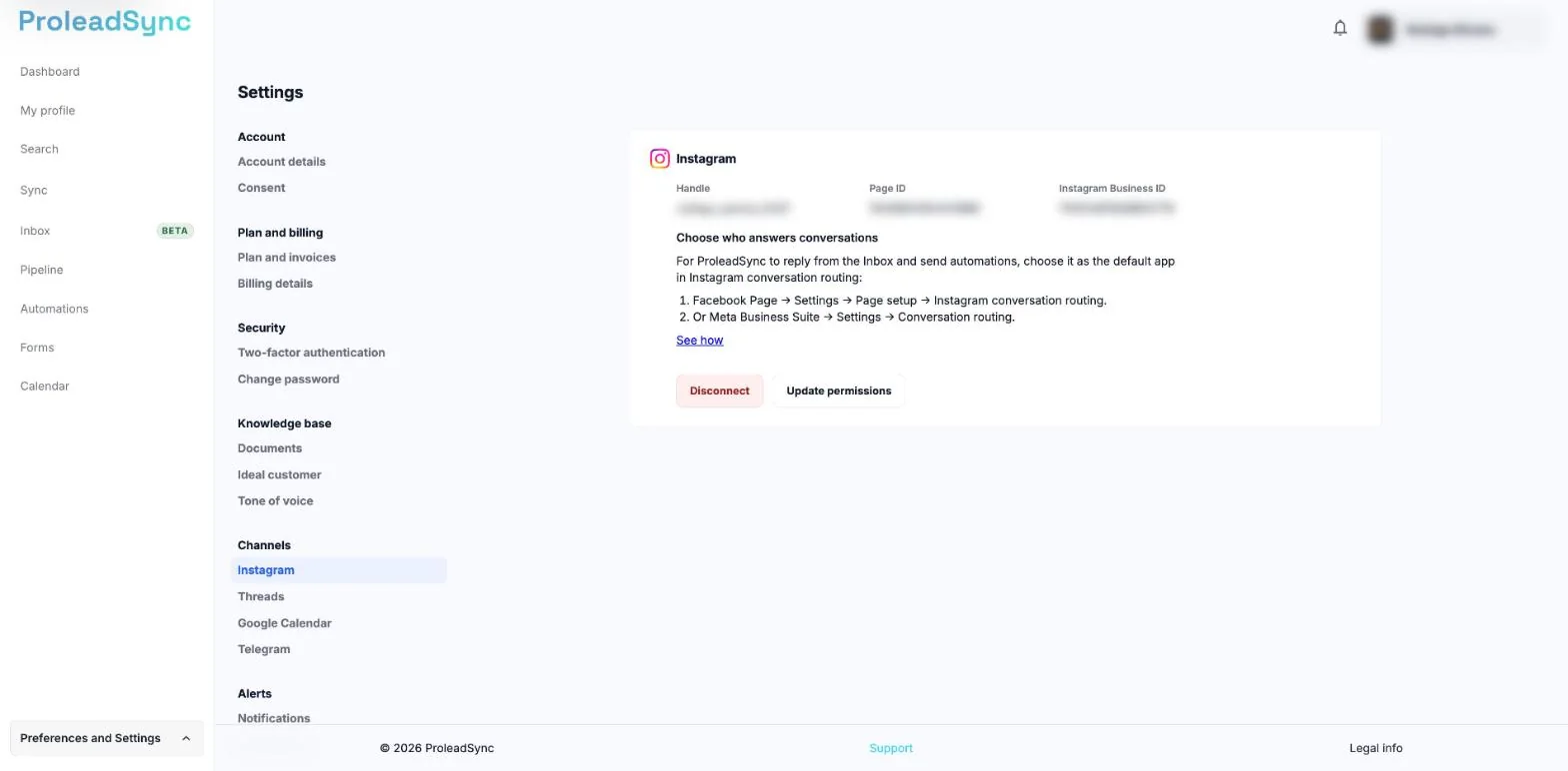 Settings, Channels, Instagram, with the account details blurred and the Disconnect and Update permissions buttons.