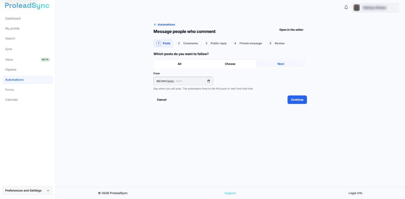 Message people who comment assistant on the Posts step, with Next chosen and the From field empty, with the help text Say when you will post.