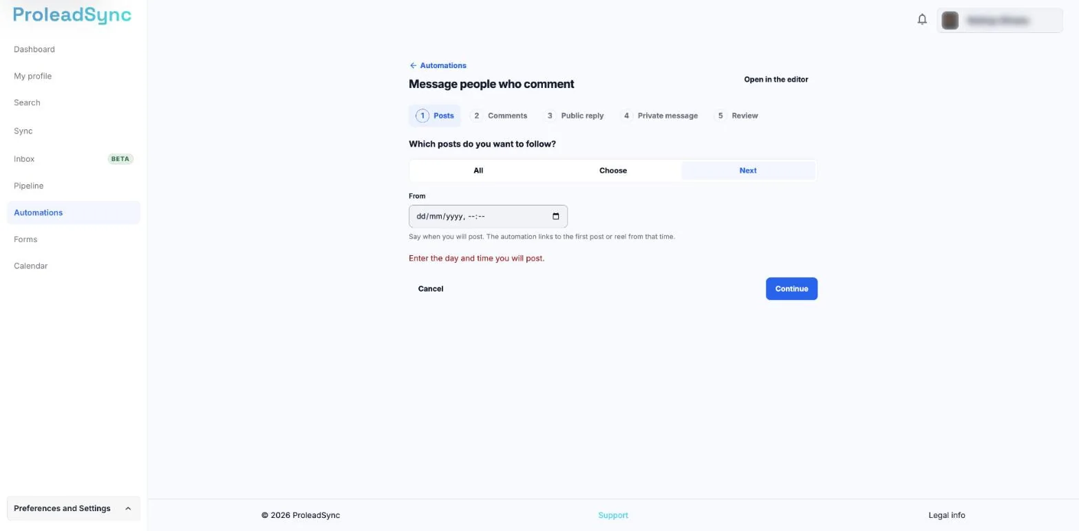 Posts step with Next chosen, the From field empty and the error Enter the day and time you will post.