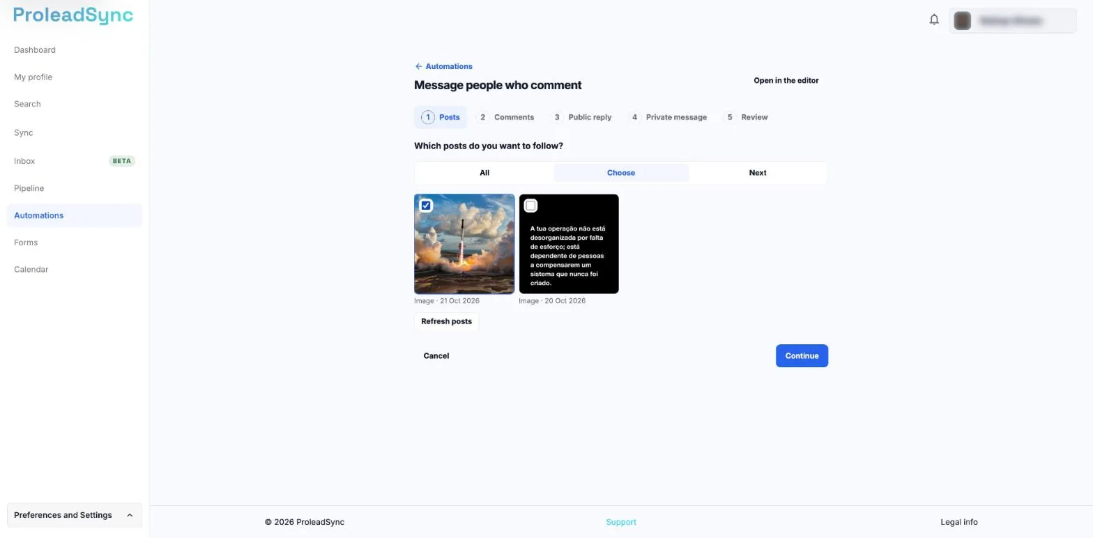 Message people who comment assistant on the Posts step, with Choose selected, two posts and one of them ticked.