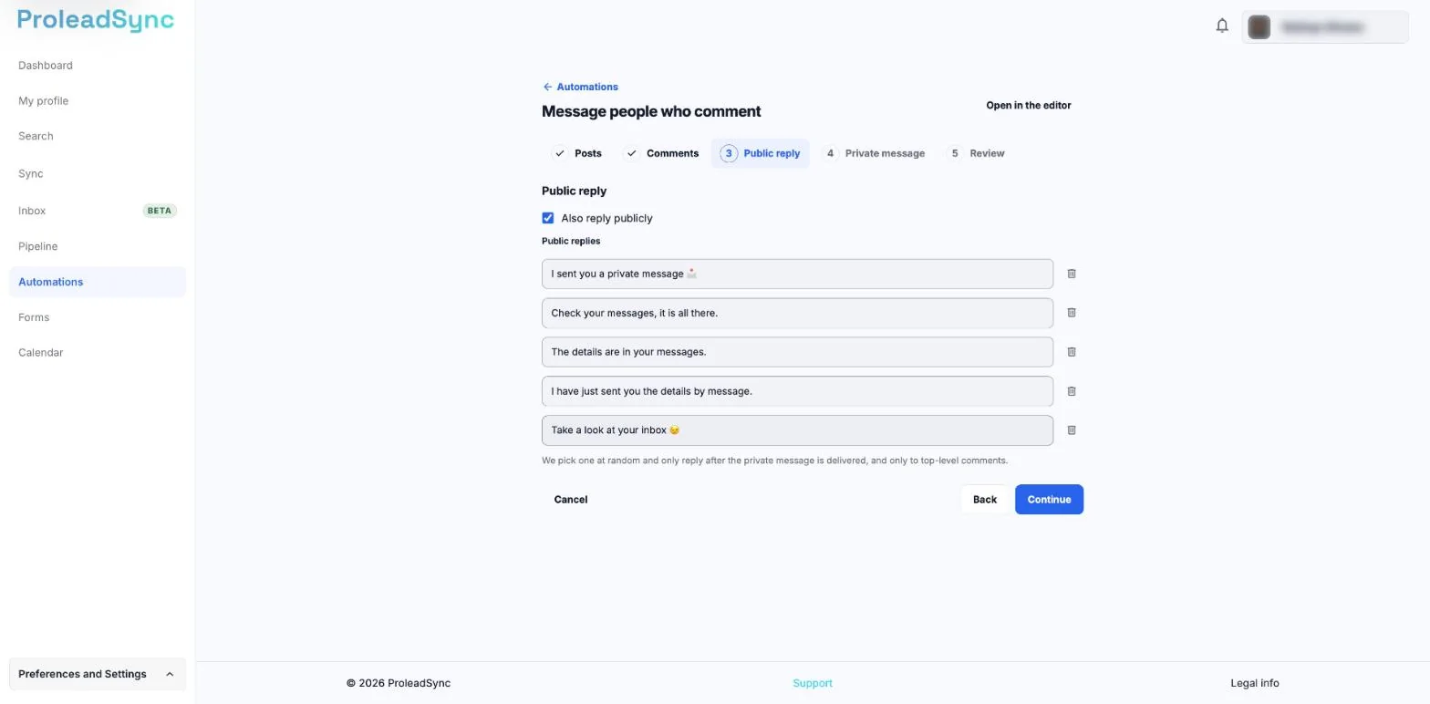 Public reply step with Also reply publicly ticked and five suggested public replies.