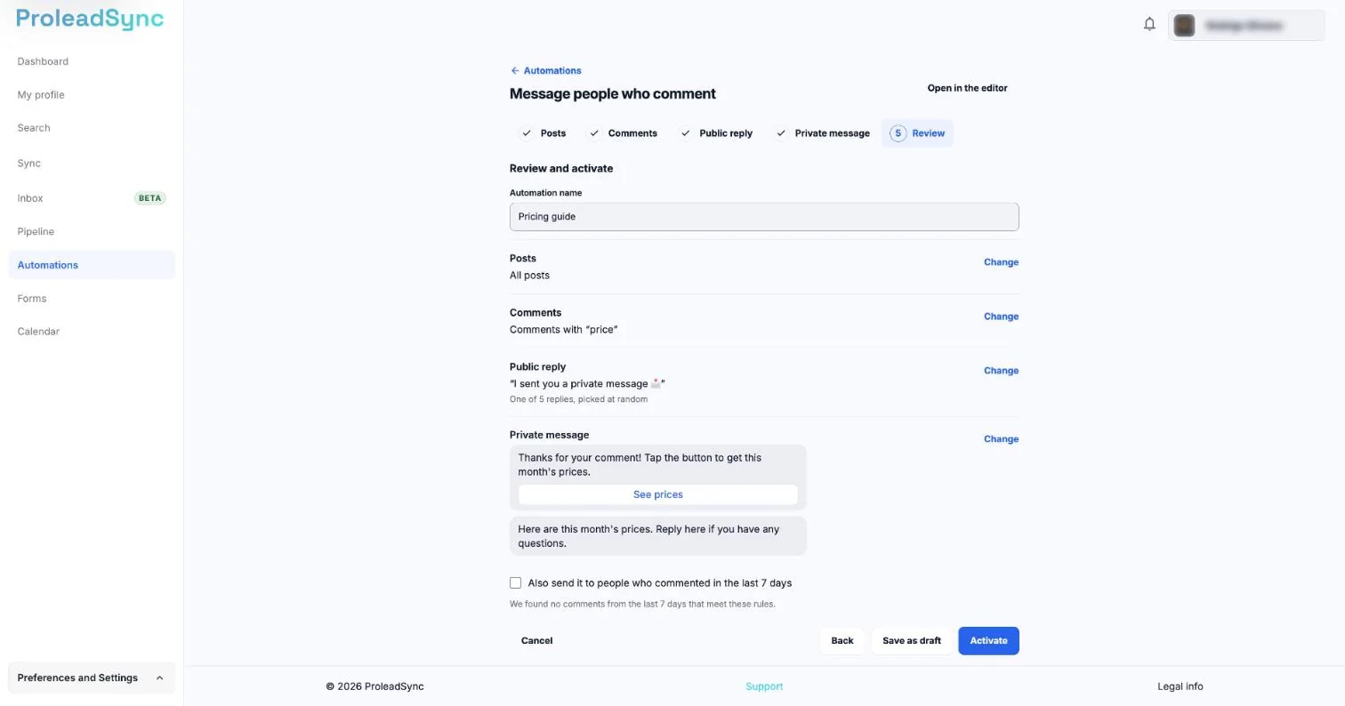 Review and activate step with Automation name, the summary of each section, the private message shown as in a conversation and the Cancel, Back, Save as draft and Activate buttons.