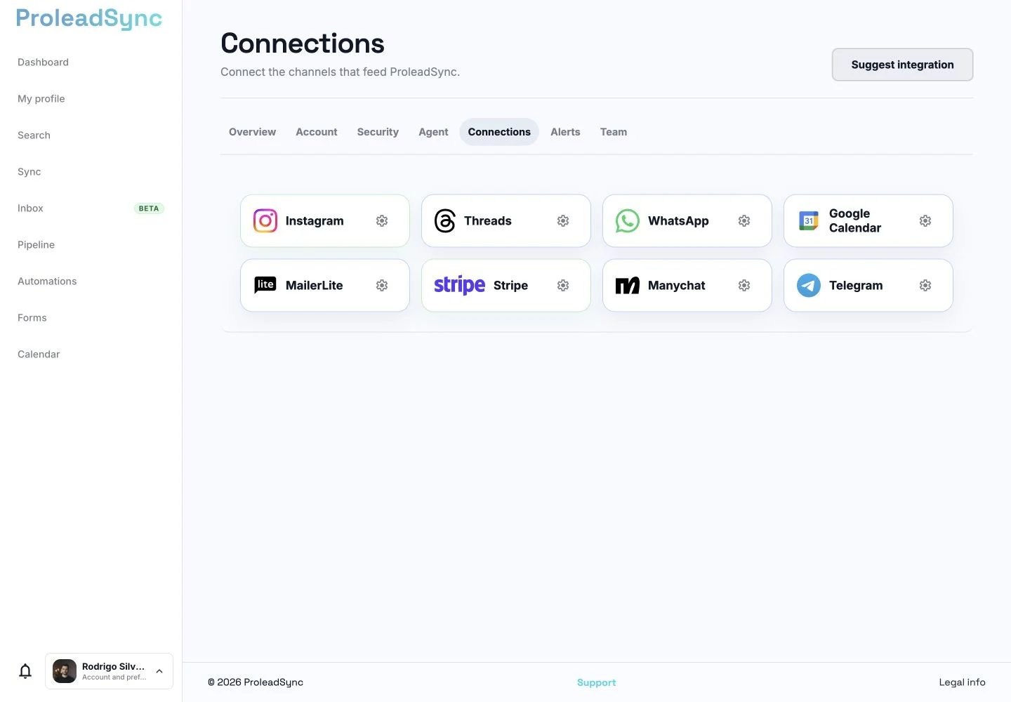ProleadSync Connections page showing the Instagram card.