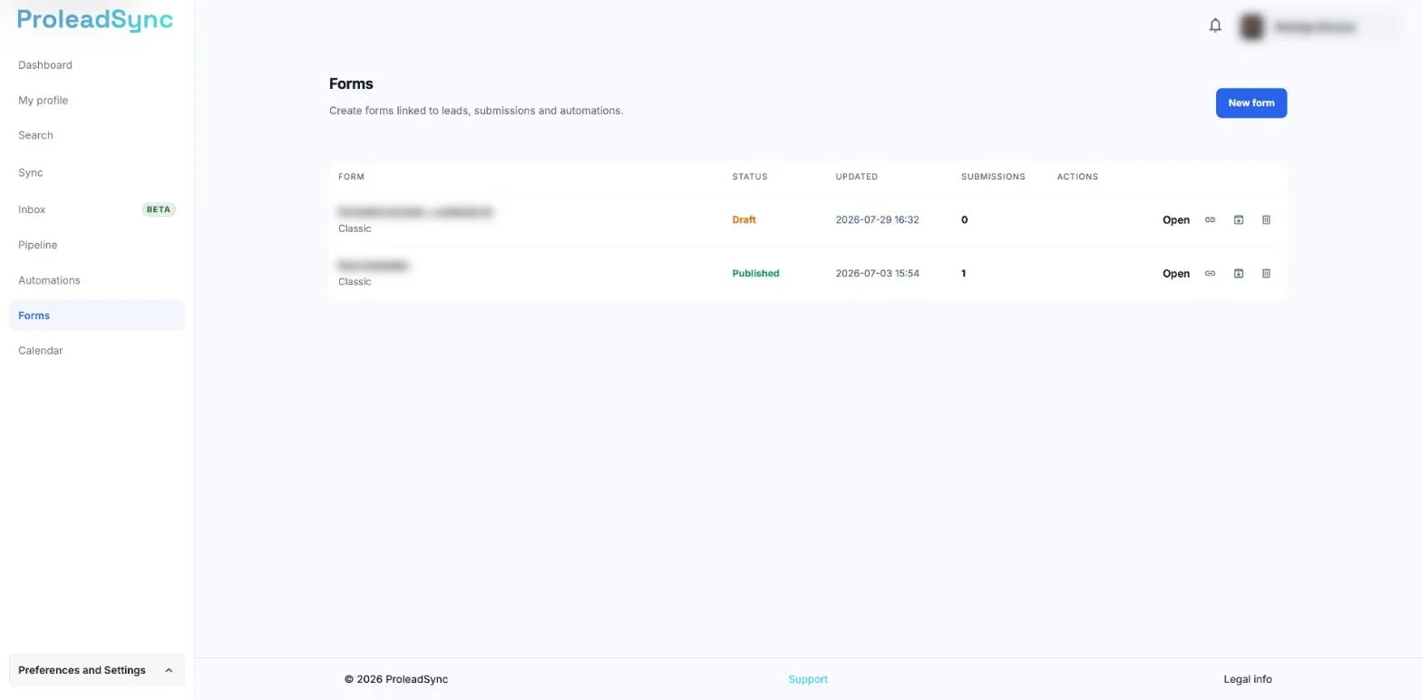 Forms page with the list of forms, the status of each one and, on each row, Open and the icons to copy the link, archive and delete. Form names are blurred.
