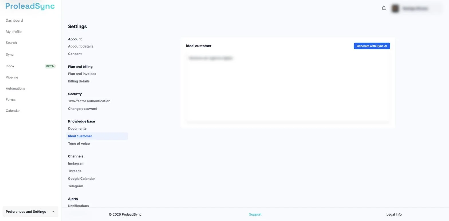 Settings, Knowledge base, Ideal customer, with the text field blurred and the Generate with Sync AI button at the top right.