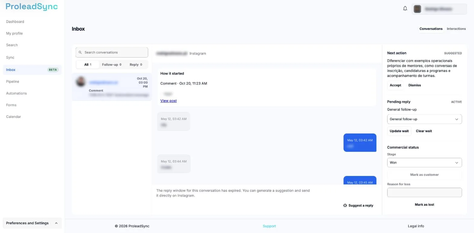 Inbox with an Instagram conversation open, the name and messages blurred and, on the right, Next action, Pending reply and Commercial status.