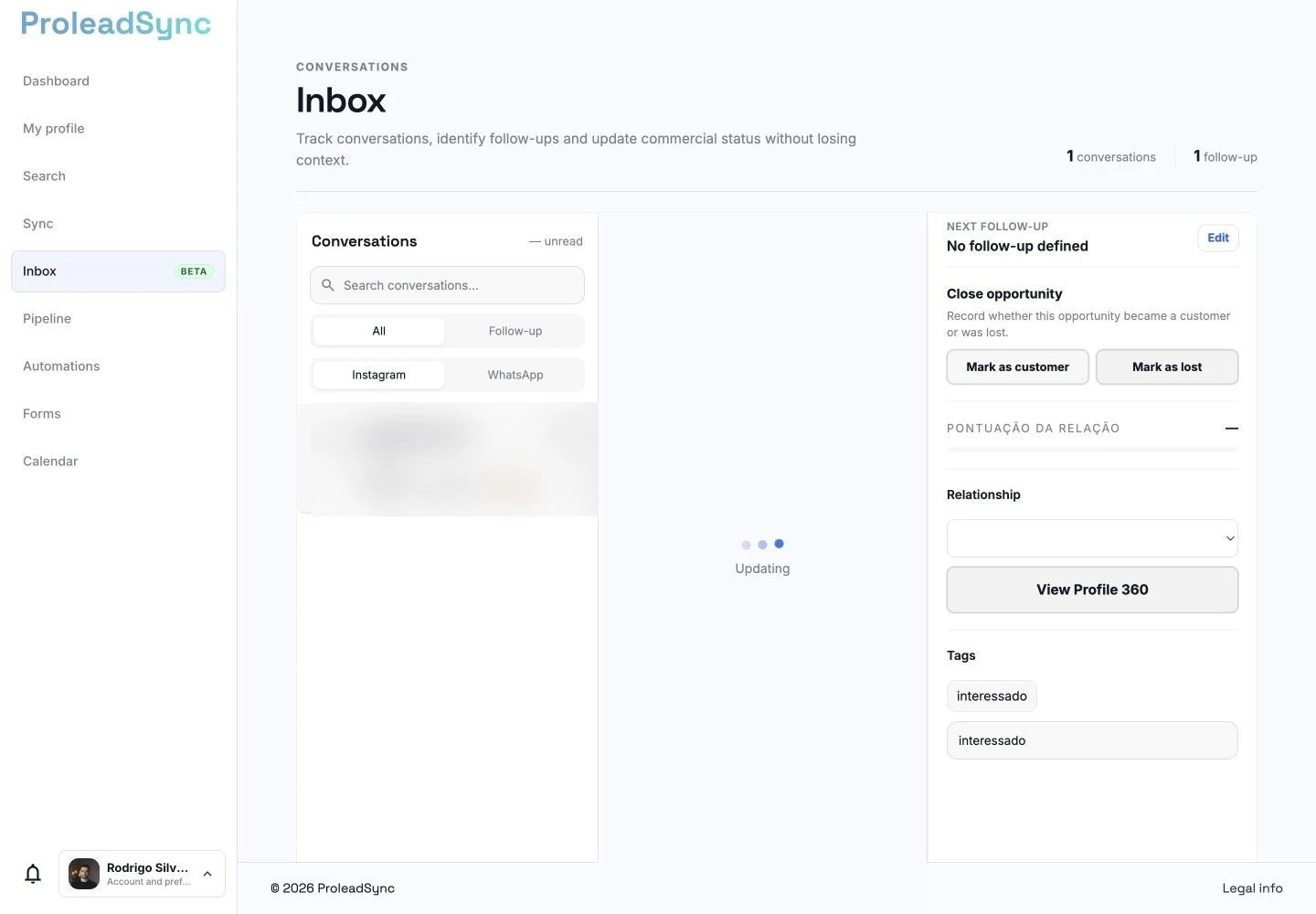 ProleadSync Inbox with conversation details blurred and filters visible.