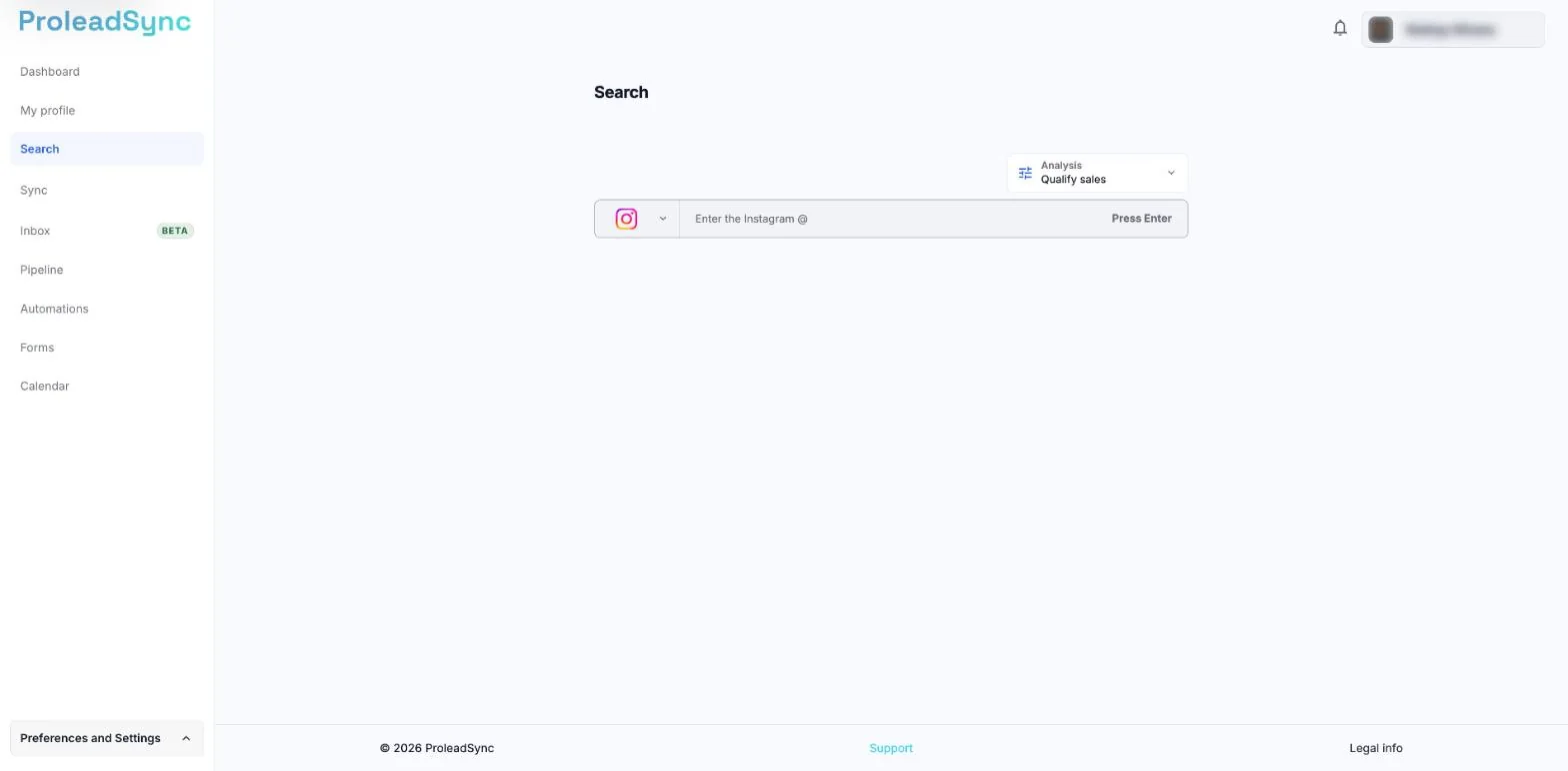 Search page with the Instagram source, the Enter the Instagram @ field and the Analysis selector.