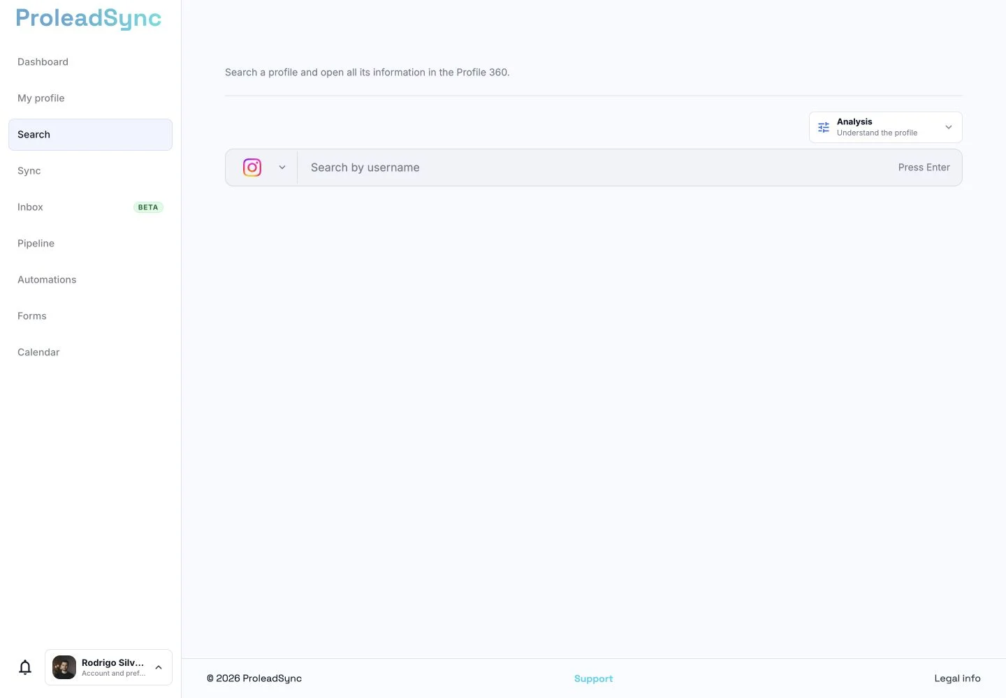 ProleadSync Search page where a profile analysis begins.