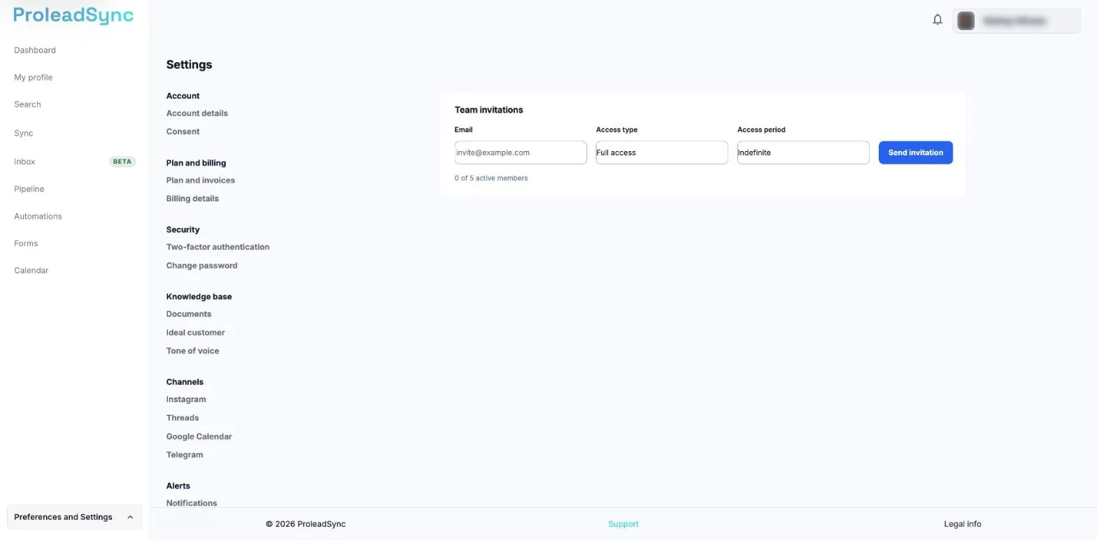 Settings on Team, with Team invitations, the Email, Access type and Access period fields and the Send invitation button.