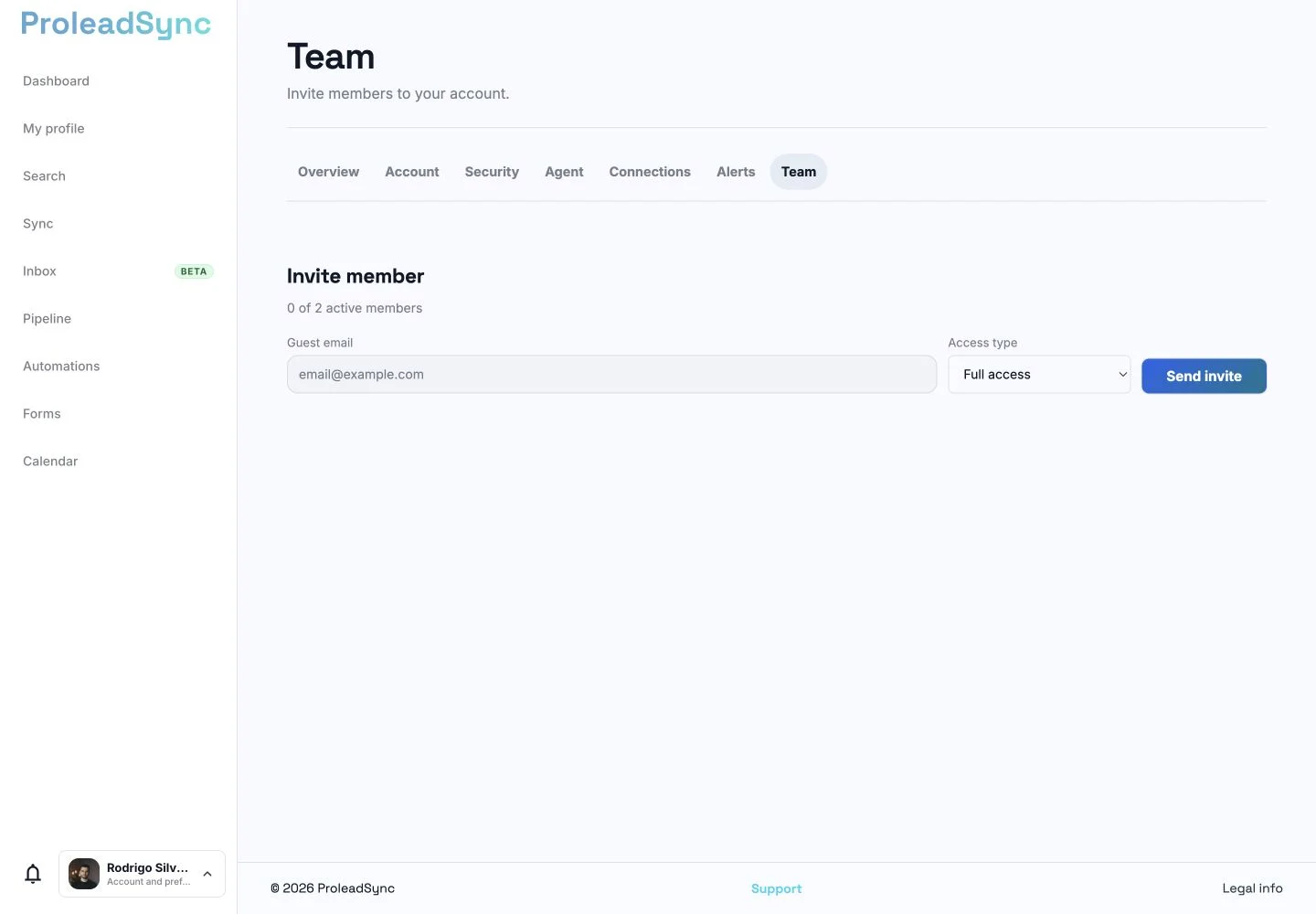 ProleadSync Team page with the member invitation form.