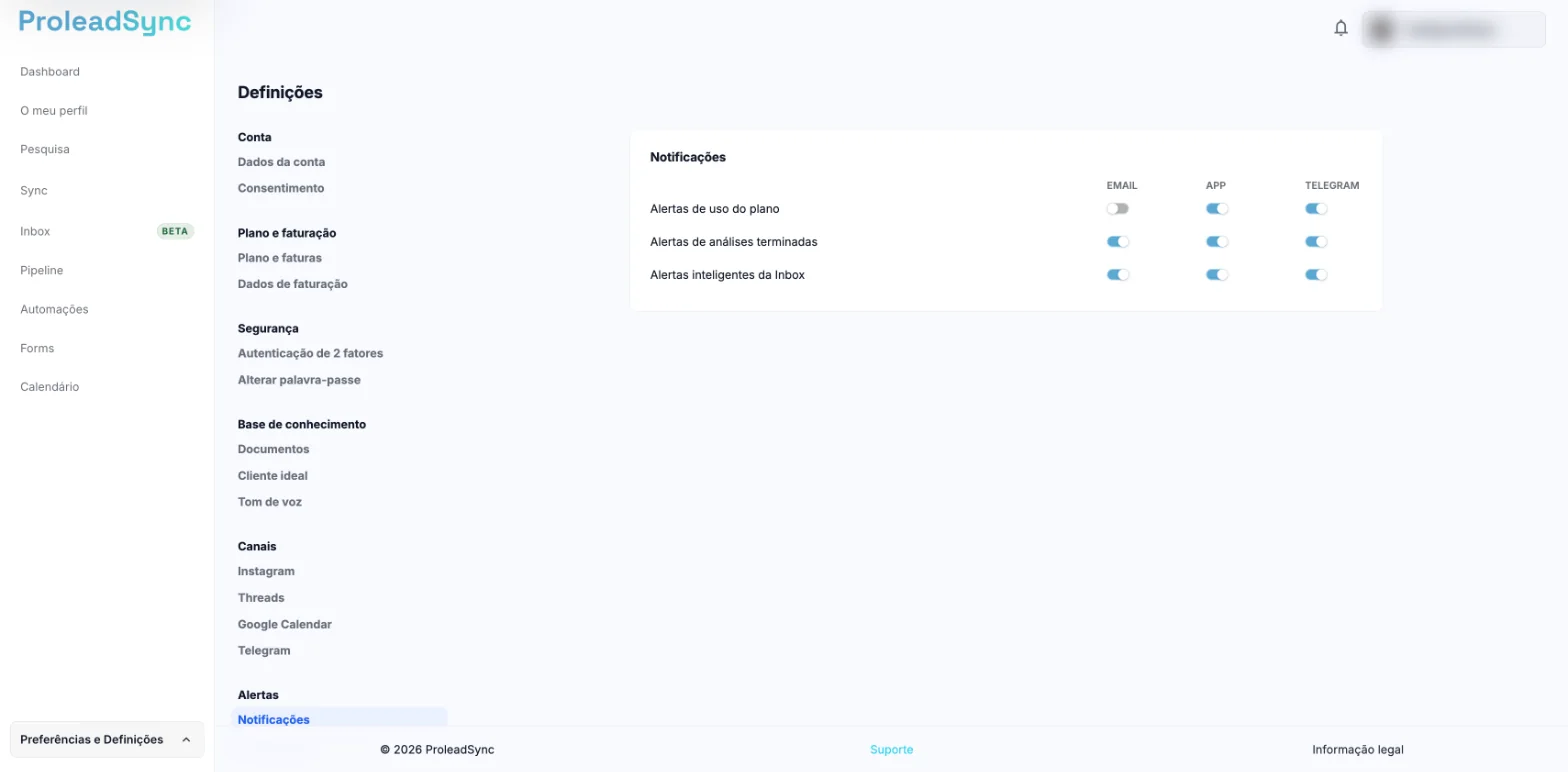 Definições na secção Alertas, com Notificações e os interruptores Email, App e Telegram para cada tipo de alerta.