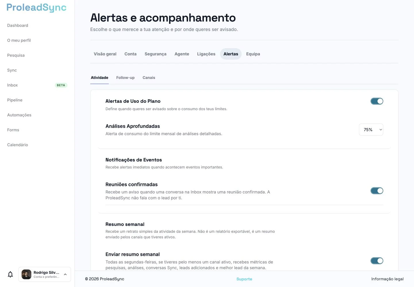 Página Alertas e acompanhamento da ProleadSync com as opções de atividade visíveis.