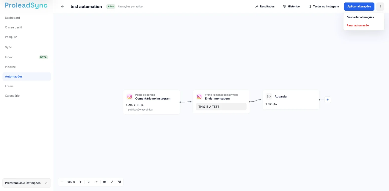 Editor de uma automação ativa com Aplicar alterações no topo e o menu Mais ações aberto com Descartar alterações e Parar automação.