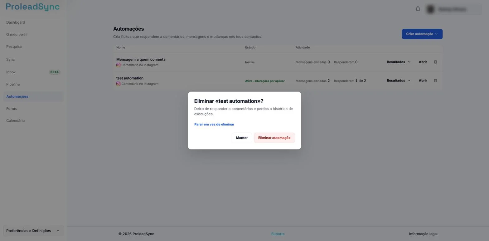 Confirmação Eliminar «test automation»? de uma automação ativa, com Parar em vez de eliminar e os botões Manter e Eliminar automação.