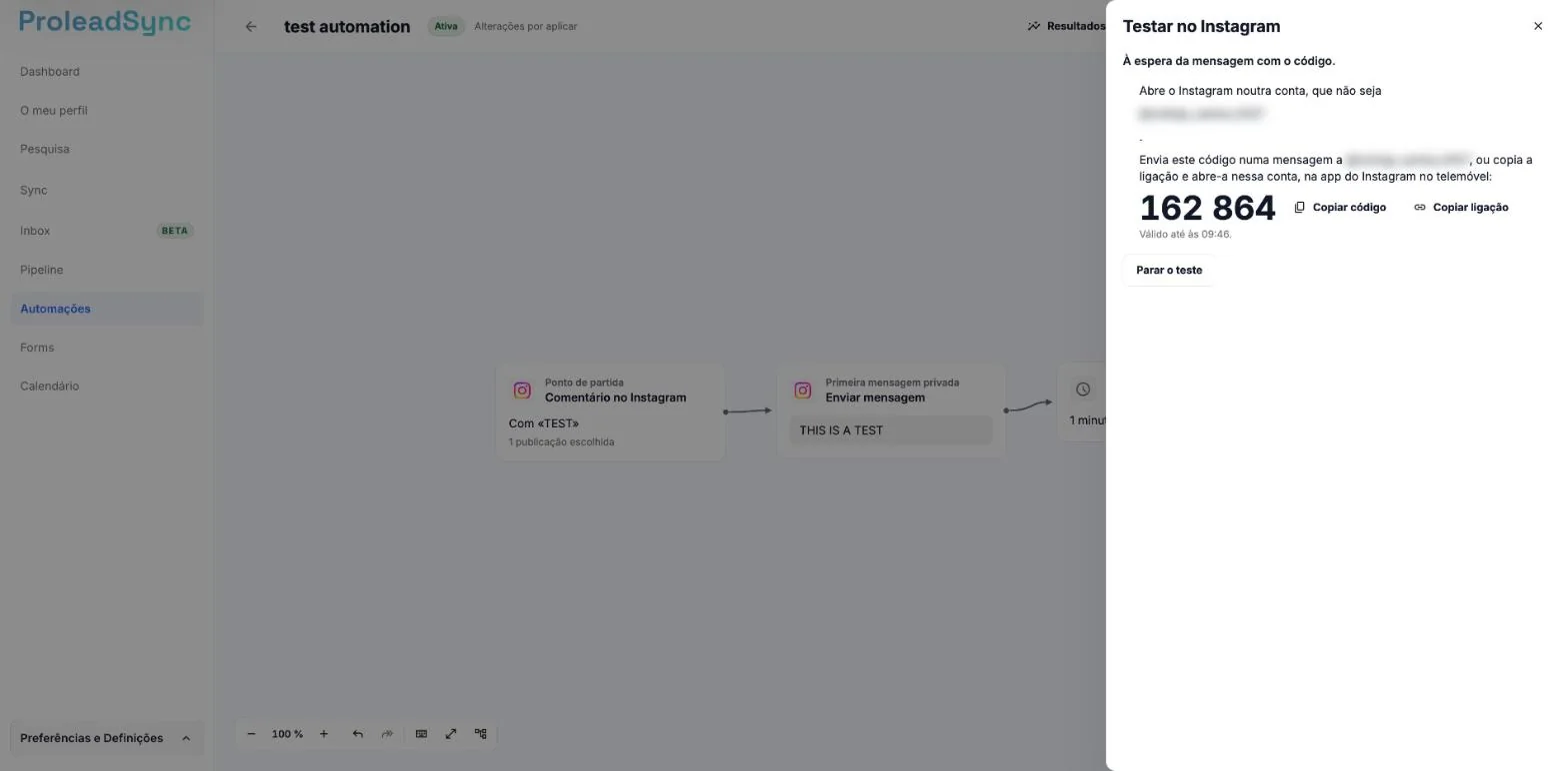 Painel Testar no Instagram com À espera da mensagem com o código, o código de 6 dígitos, Copiar código, Copiar ligação, Válido até às e Parar o teste.
