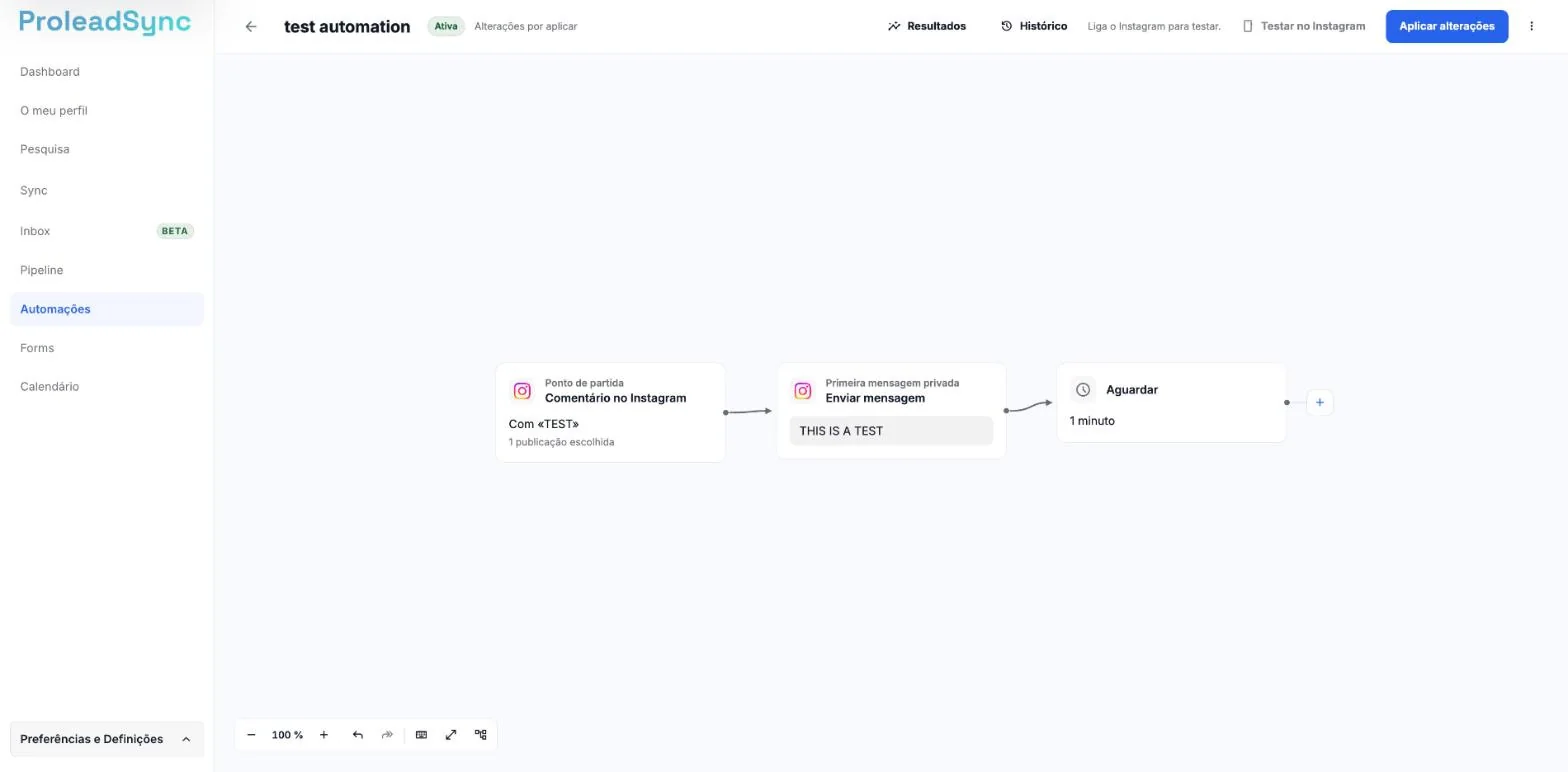 Topo do editor de uma automação com Testar no Instagram desativado e a indicação Liga o Instagram para testar.