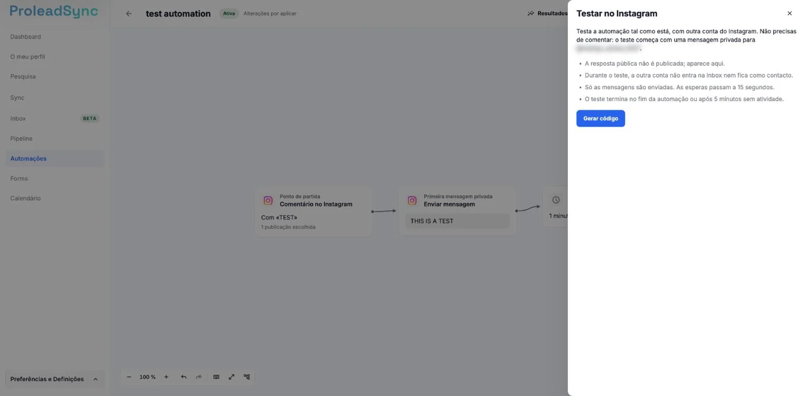 Painel Testar no Instagram com o que o teste faz e não faz, a conta ligada desfocada e o botão Gerar código.