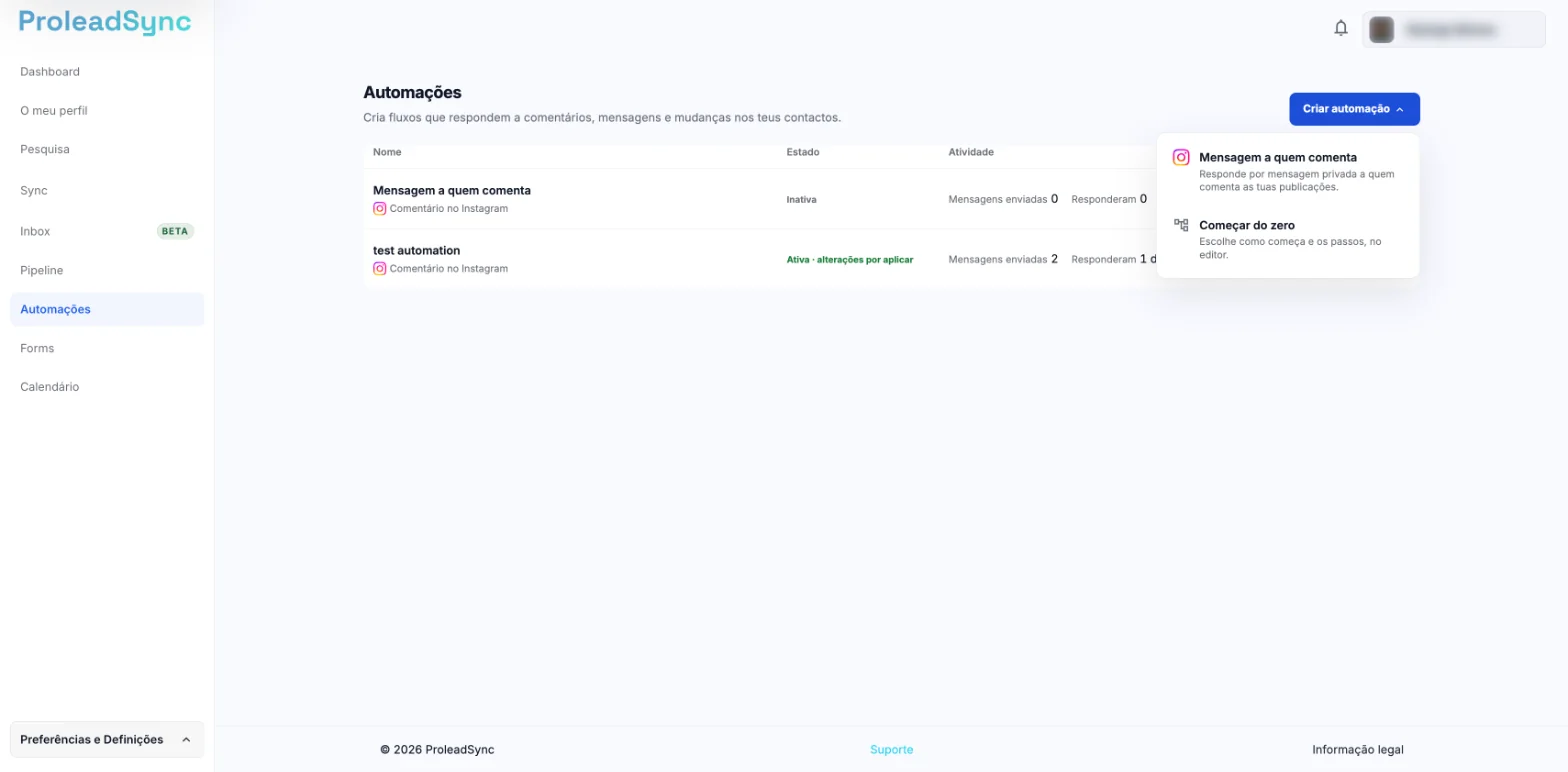Página Automações com o menu Criar automação aberto e as opções Mensagem a quem comenta e Começar do zero.