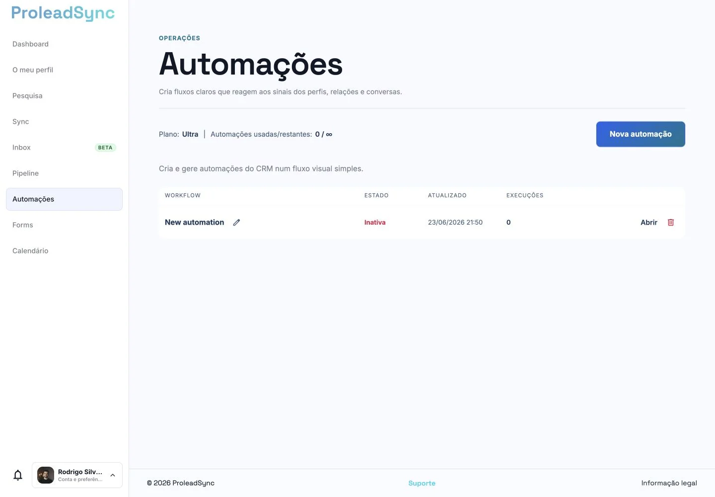 Lista de Automações da ProleadSync com a ação Abrir.