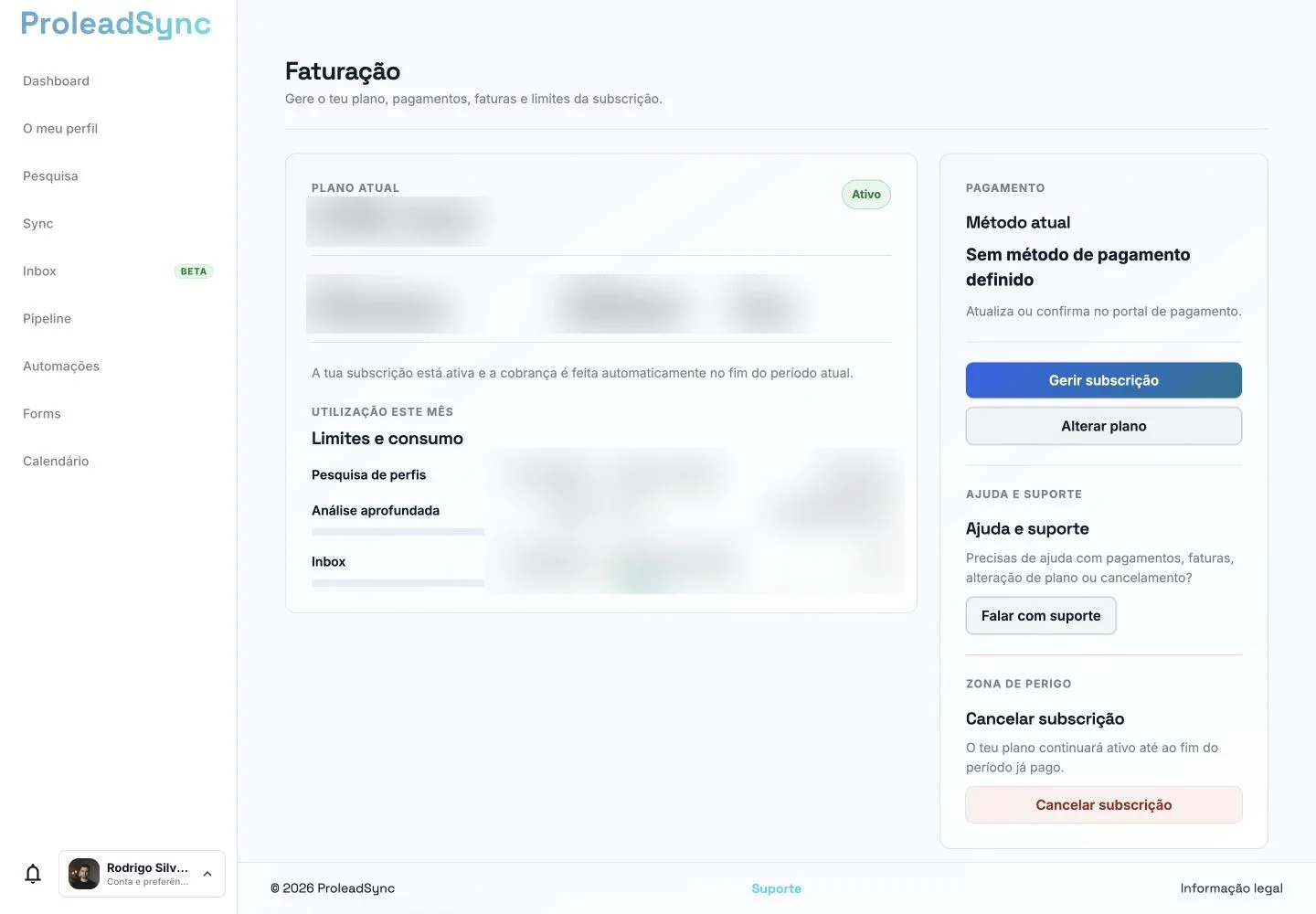 Página Faturação da ProleadSync com valores e utilização sensível desfocados.
