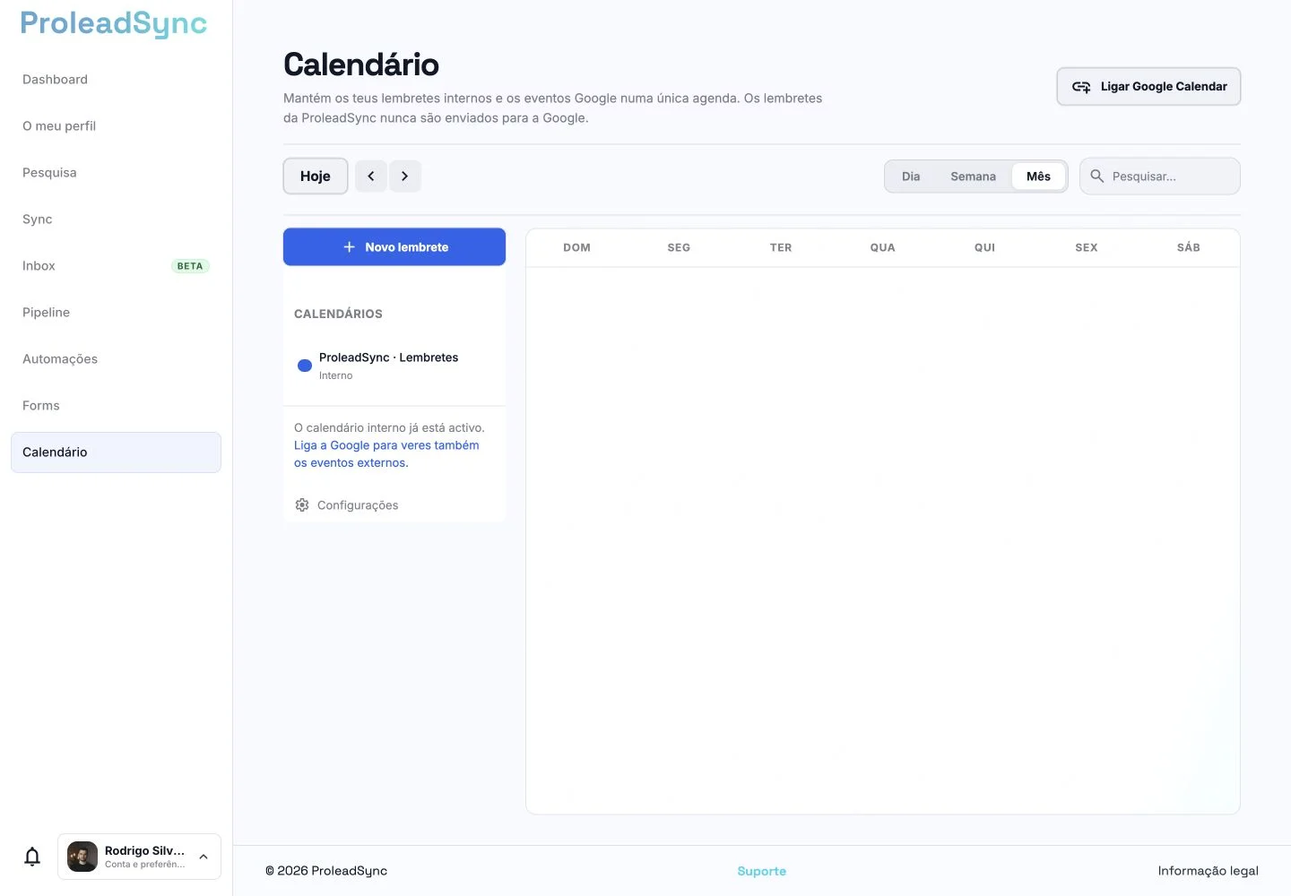 Calendário da ProleadSync na vista mensal com o botão Novo lembrete.