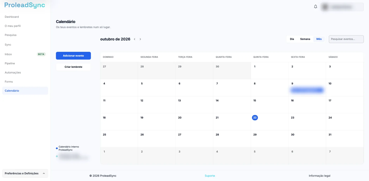 Calendário da ProleadSync na vista Mês, com os botões Adicionar evento e Criar lembrete e o evento do Google desfocado.