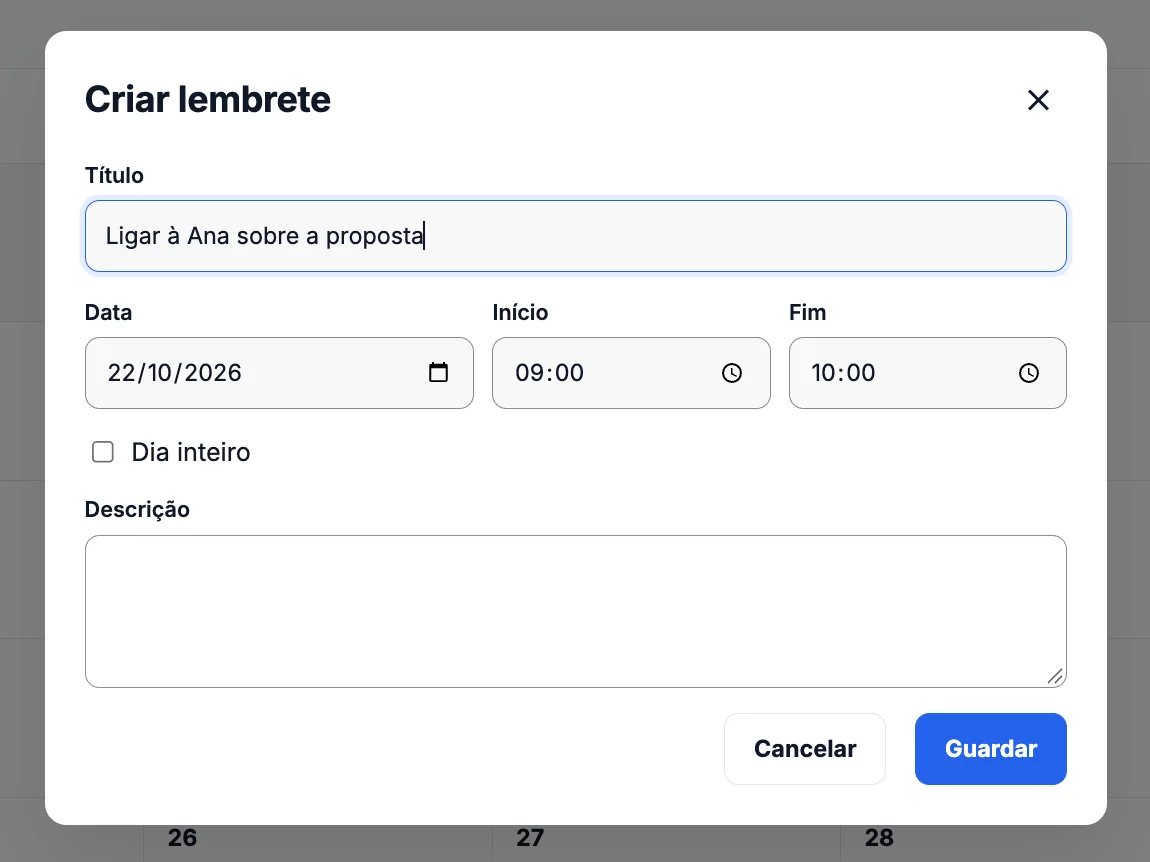 Janela Criar lembrete com os campos Título, Data, Início, Fim, Dia inteiro e Descrição e os botões Cancelar e Guardar.