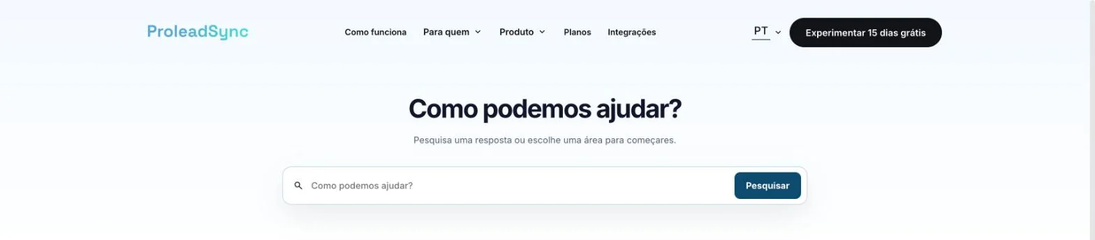 Página inicial do Centro de ajuda com Como podemos ajudar? e o campo de pesquisa com o botão Pesquisar.