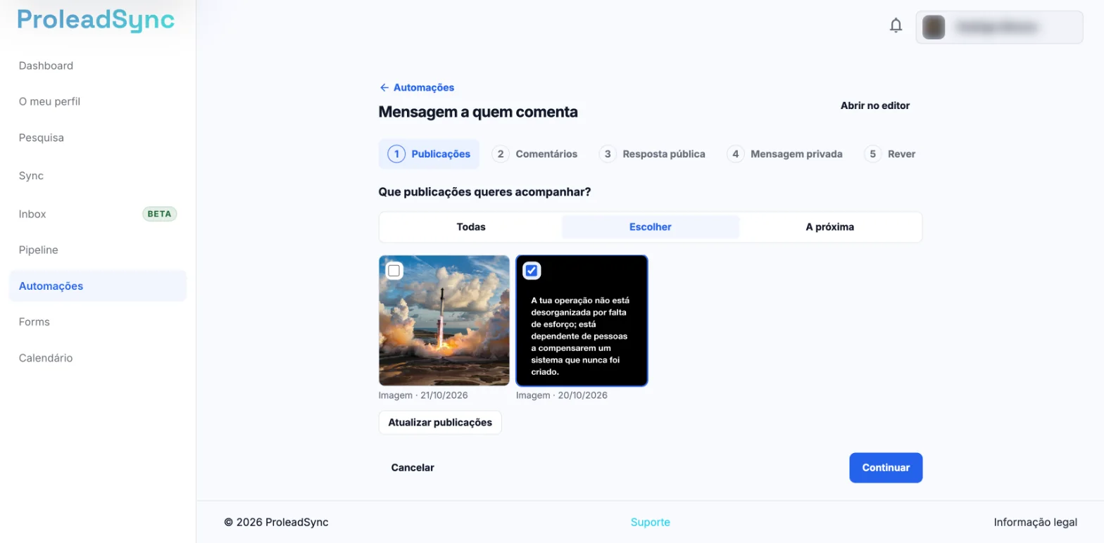 Assistente Mensagem a quem comenta no passo Publicações, com Escolher selecionado, duas publicações e uma delas marcada.